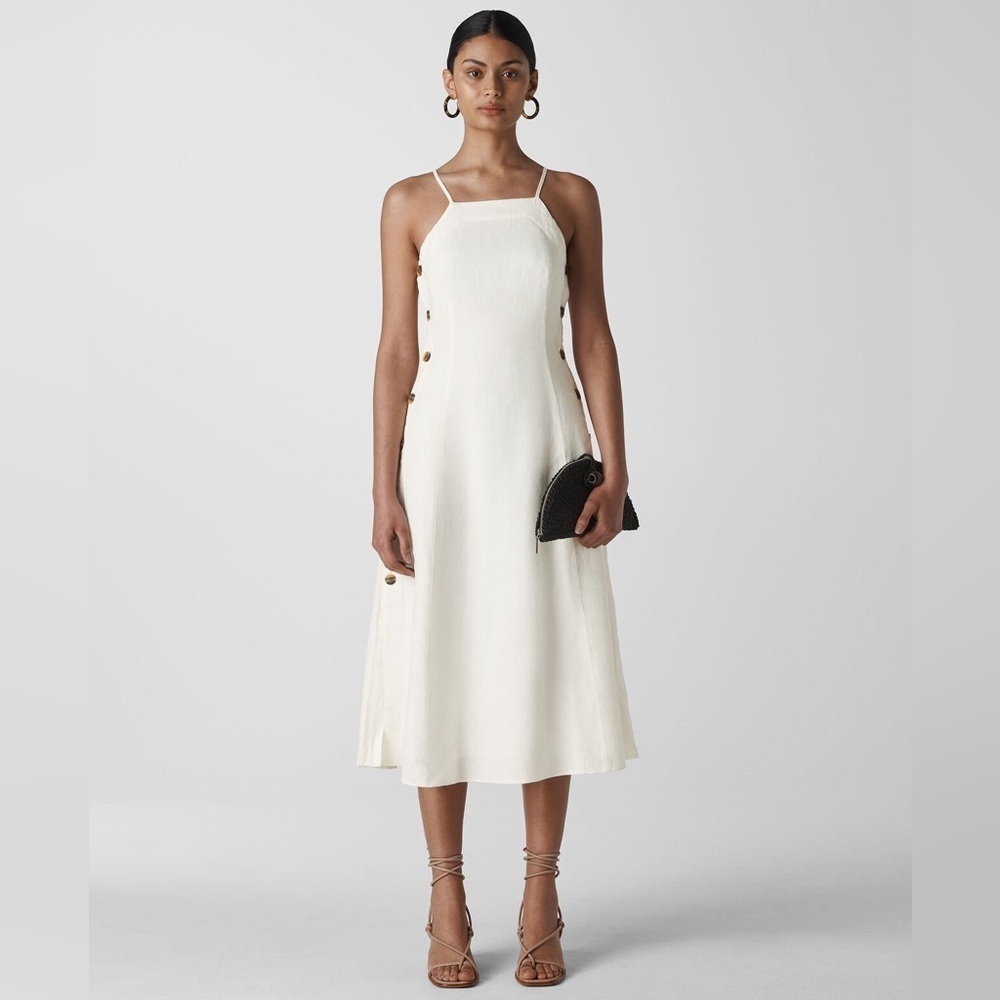 Whistles Nina Button Linen White Sleeveless Halter Square Neck Midi Dress NWOT 6